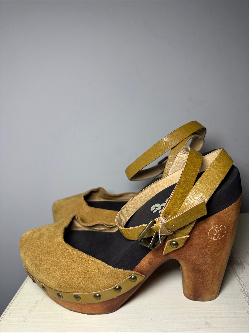 Flogg Women’s Mustard yellow leather suede wood Platform Mary Jane Heels